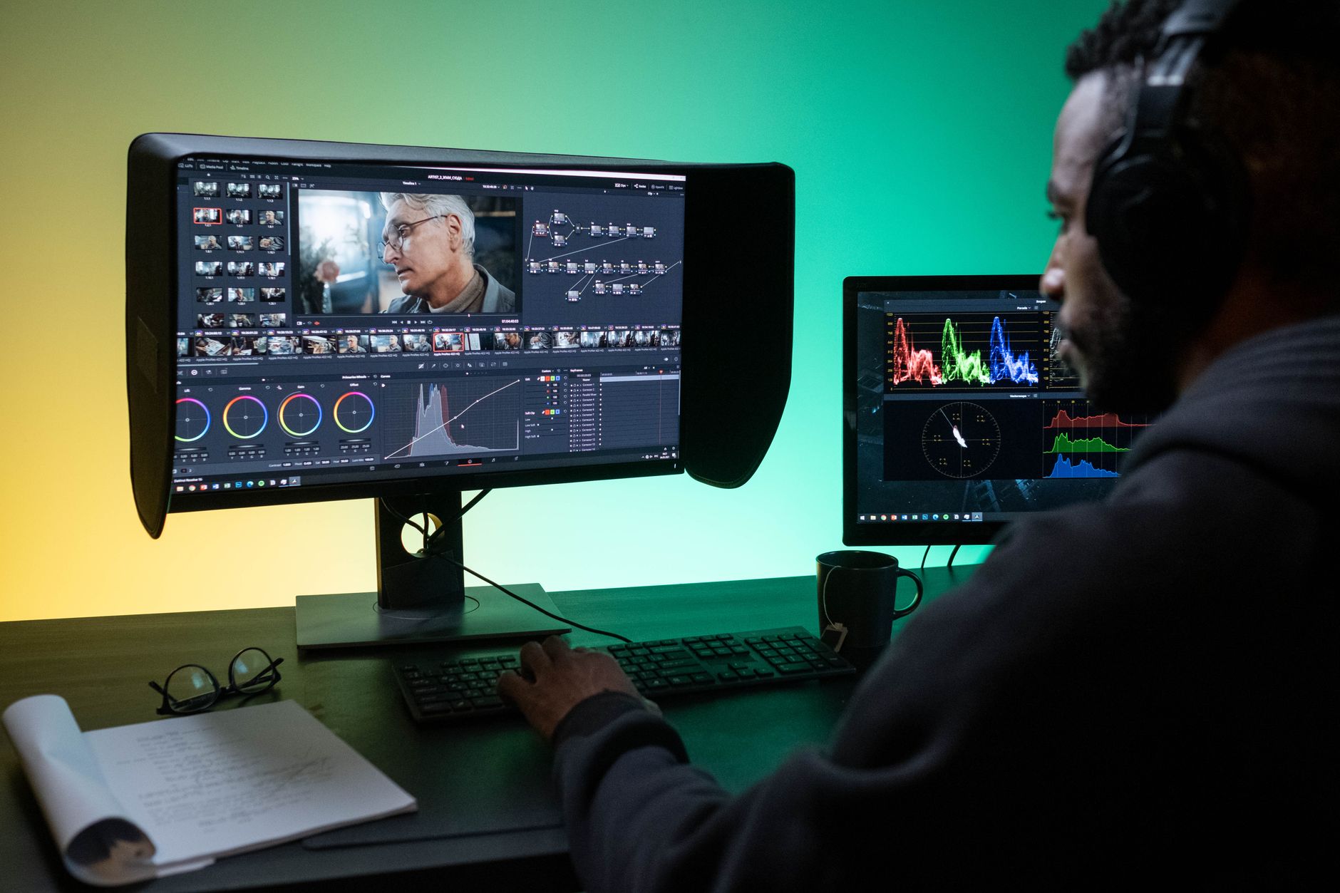 monteur vidéo qui relit un montage sur deux écrans dans un studio de post-production