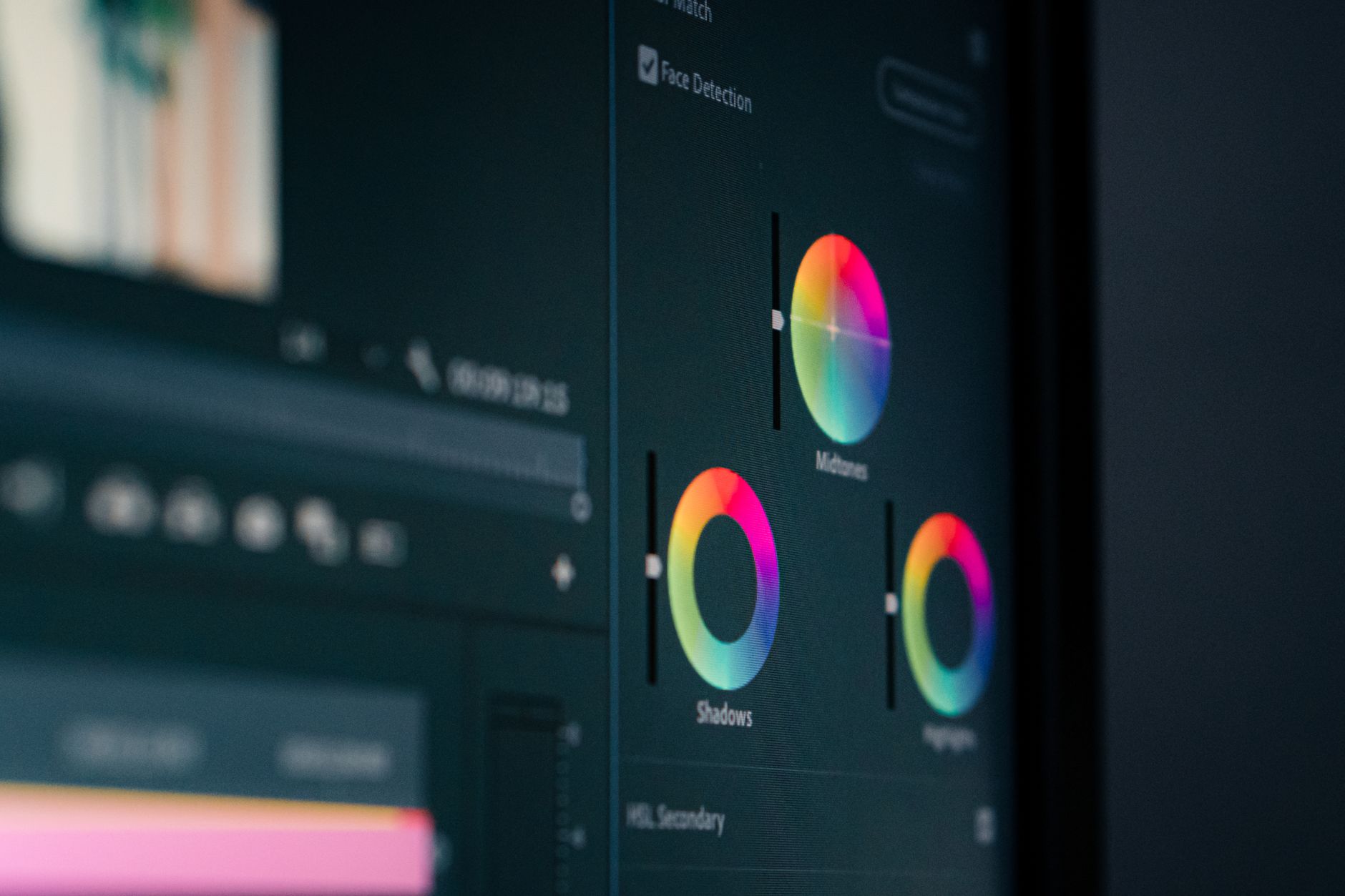 molettes d'étalonnage colorimétrique en gros plan sur un écran de montage vidéo